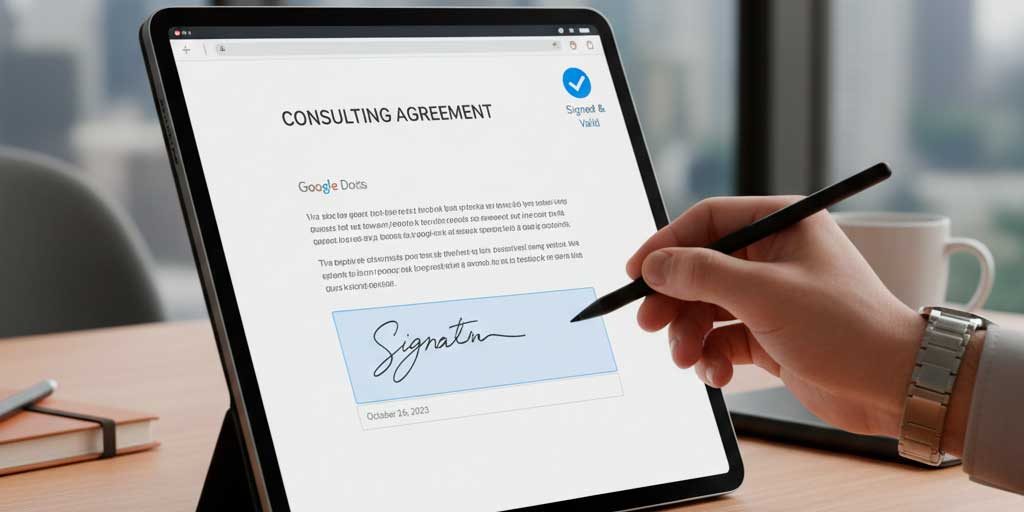 Assinatura eletrônica em um documento no Google Drive com Workspace.